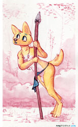 1boy 2019 absurd_res accidental_exposure anthro candid canid canine canis clothed clothes_stuck_on_object clothing domestic_dog exposed exposed_penis flaccid forest fur hi_res holding_object holding_weapon loincloth loincloth_lift male male_only mammal melee_weapon mothandpodiatrist open_mouth orange_fur outside painting_(artwork) penis penis_out penis_under_loincloth pink_background polearm simple_background solo spear standing traditional_media_(artwork) tree tribal unaware wardrobe_malfunction watercolor_(artwork) weapon