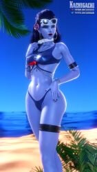 1girls 3d abs alternate_costume amelie_lacroix big_ass big_breasts bikini blizzard_entertainment blue_skin breasts cleavage cote_d'azur_widowmaker female female_only fully_clothed kachigachi large_breasts overwatch purple_hair purple_skin solo swimsuit thick_thighs widowmaker