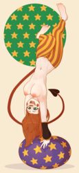 areolae armpits armwear balancing barefoot blush_stickers breasts clothes clown cute dabble demon demon_girl female freckles gloves green_eyes horns humanoid large_breasts long_hair nipples olive_(dabble) orange_hair original pale_skin red_nose smile solo spade_tail striped_legwear succubus tail toes topless upside-down vertical_stripes