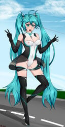 1girls bcguro blue_eyes blue_hair hatsune_miku implied_guro nipples_visible_through_clothing racing_suit v vocaloid