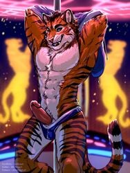 2019 3:4 absurdres animal_genitalia anthro dancing erection felid furry highres humanoid_penis jock karnal kinsheph male male_only mammal pantherine penis pole sheath solo stage strip_club stripper stripper_pole teasing thong tiger underwear