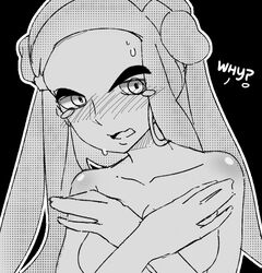 1girls ? bad_id blush breasts bust covering covering_breasts female female_only greyscale gym_leader human large_breasts long_hair looking_at_viewer monochrome nessa_(pokemon) nintendo open_mouth pokemon pokemon_ss rurina_(pokemon) solo sweat tears text topless