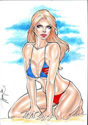 1girls 2018 argoan beach big_breasts bikini blonde_hair blue_bikini_top blue_bra blue_eyes breasts busty curvaceous curvy dated dc dc_comics ed_benes_studio erect_nipples female female_only jeferson_lima kara_zor-el kneeling kryptonian long_hair nipple_bulge nipples nipples_visible_through_clothing panties pinup red_bikini_bottom red_lips red_lipstick red_panties revealing_clothes sand signature solo supergirl supergirl_bikini superheroine superman_(series) thick_thighs thighs voluptuous