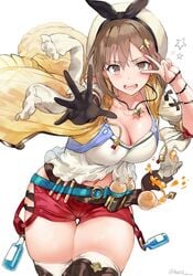 1girls atelier_(series) atelier_ryza bangs belt black_hairband black_ribbon blue_belt blush breasts brown_eyes brown_gloves brown_hair buckle cleavage collarbone commentary_request cowboy_shot female gloves hair_ornament hair_ribbon hairband hairclip hands_up hews_hack highres jacket jewelry large_breasts leather leather_belt leather_gloves liquid long_sleeves looking_at_viewer navel navel_cutout necklace o-ring_belt open_clothes open_jacket open_mouth outstretched_arm outstretched_hand red_shorts reisalin_stout ribbon round-bottom_flask sfw shirt short_shorts shorts simple_background single_glove skindentation solo spilling standing star star_necklace teeth thick_thighs thigh_gap thighhighs thighs twitter_username v v-shaped_eyebrows vial white_background white_headwear white_shirt wind yellow_jacket