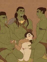 3boys anoki balls breast_grab breasts female human human_female licking_penis light-skinned_female light_skin male male/female multiple_males nose_piercing on_knees orc orc_male penis scars size_difference thick_thighs