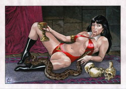 1girls 2019 ascot big_breasts bikini black_hair black_heels blood blood_on_face blood_on_hands bloody_hand blue_eyes breasts breasts_apart busty candle carpet chalice crescent_earrings cup curtain curtains curvaceous curvy drinking_blood dynamite_comics earrings ed_benes_studio erect_nipples fangs female female_only goblet heels holding_cup holding_glass holding_goblet holding_object jewelry joe_pimentel legs_spread long_hair lying lying_on_back nail_polish nipple_bulge nipples nipples_visible_through_clothing pinup red_bikini red_lips red_lipstick red_nail_polish red_nails ring rug skull skulls sling_bikini snake solo spread_legs stone_floor stone_wall superheroine thick_thighs thighs vampire vampirella vampirella_(character) voluptuous white_ascot