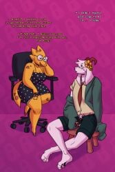 2:3 accessory alphys anthro asriel_dreemurr balls blush bodily_fluids boss_monster_(undertale) bottomwear chair chastity_cage chastity_device chastity_key clothed clothing collared_shirt dracozhilla dress duo english_text eyewear female femboy flower flower_in_hair furniture genitals glasses hair hair_accessory hi_res humanoid larger_male locktober male male/female male_focus mammal necktie plant reptile scalie shorts size_difference skinny smaller_female smug stool stylized_chastity_cage sweat sweater text topwear undertale undertale_(series)