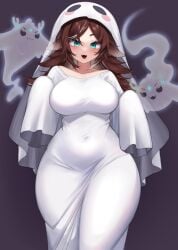 aqua_eyes blush breasts brown_hair commentary curvy fangs female ghost ghost_costume hair_flaps halloween highres indie_virtual_youtuber large_breasts long_hair looking_at_viewer natch_imaycz open_mouth purple_background second-party_source simple_background solo sugi_aoki virtual_youtuber