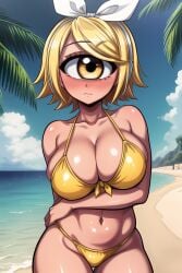 ai_generated beach bikini blonde_hair blush cyclops female female hairpin happy huge_breasts kagamine_rin ocean short_hair smile vocaloid white_bow white_hair_bow yellow_bikini