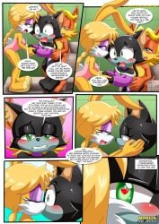 1boy 2girls anal anal_sex anthro antoine_d'coolette bbmbbf bisexual bisexual_female blush bunnie_rabbot comic ebony_the_cat female female/female how_many_times_per_day_(comic) kissing male male/female mobius_unleashed palcomix sega sex sonic_(series) sonic_the_hedgehog_(series)