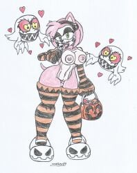 1girl2boys amy_rose big_breasts big_hips boo_(sonic) candy candy_basket ghosts green_eyes hairbow halloween halloween_theme heart heart_eyes heart_symbol hedgehog_girl licking_lollipop long_gloves looking_at_viewer marlon64 naked_female naked_gloves naked_stockings naked_with_shoes_on passionate pink_body pink_fur pink_hair red_eyes sharp_teeth short_hair skull_marking skull_mask smiling_at_viewer sonic_(series) traditional_drawing_(artwork) white_background yellow_eyes