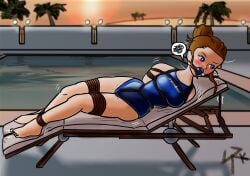 ball_gag blue_clothing blue_eyes blue_swimsuit bondage bound brown_hair crotch_rope female_focus female_only femsub fully_clothed gag outdoors png pool poolside rope shiny_clothes shirzaitkala tight_clothing