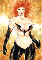 1girls 2018 angry belly_button big_breasts black_gloves black_pants breasts busty claws cleavage curvaceous curvy dark_phoenix dated deviantart distracting_watermark ed_benes_studio female female_only fiery_hair fire gloves here_comes_tomorrow homo_superior impossible_clothes jean_grey lanio_sena marvel marvel_comics midriff mutant navel no_bra orange_background orange_hair pants phoenix_(x-men) pink_lips pink_lipstick pinup red_eyes red_hair red_sclera scowl signature solo stomach superheroine supervillain telepath thick_thighs thighs voluptuous watermark wavy_hair x-men