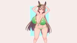 1girls 3d animal_ears animal_humanoid animated arms_behind_head arms_up bare_legs big_breasts bikini bouncing_breasts breasts brown_eyes brown_hair busty cleavage female female_only green_bikini horse_girl huge_breasts koikatsu long_hair looking_at_viewer navel no_sound raised_arm satono_diamond_(umamusume) side-tie_bikini solo swaying swimsuit tagme umamusume vermelho_(artist) video