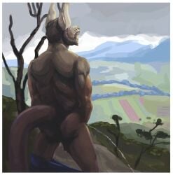 2022 anthro ass back_muscles beard biceps blue_bottomwear blue_clothing blue_pants bodily_fluids bottomwear bottomwear_down brokowski clothed clothing facial_hair genital_fluids kangaroo macropod male mammal marsupial mature_male mountain open_mouth outside painting_(artwork) pants pants_down partially_clothed peeing plant public public_nudity sky skyscape solo standing topless tree urine urine_stream