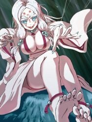 anklet barefoot big_breasts blue_hair blue_nails cleavage demon_girl demon_slayer facial_markings feet female female_only jewelry kimetsu_no_yaiba kimono long_hair looking_back mother_spider_demon necklace no_pupils nyantan2142 obi open_kimono pale-skinned_female pale-skinned_male sharp_fingernails sitting soles solo spider_girl spider_web thick_eyebrows toe_claws white_body white_hair white_skin