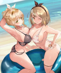 2girls ;) alternate_hair_color arm_behind_head armpits ass ass_cleavage asymmetrical_docking atelier_(series) atelier_ryza bangs beach bikini black_bikini black_hairband black_ribbon blonde_hair blush braid breast_press breasts brown_hair butt_crack cleavage closed_mouth collarbone covered_nipples female female_only floral_print green_eyes hair_ribbon hairband hand_holding highres horny kirikawa klaudia_valentz large_breasts looking_at_viewer medium_breasts multiple_girls nipples o-ring o-ring_bottom ocean one_eye_closed outdoors reisalin_stout ribbon sand see-through short_hair smile sweat swimsuit wavy_mouth wet white_bikini yellow_eyes yellow_hairband