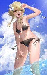 1girls arm_above_head arm_up armpits bare_armpits bare_arms bare_belly bare_calves bare_chest bare_hands bare_hips bare_knees bare_legs bare_midriff bare_navel bare_shoulders bare_skin bare_thighs bare_torso belly belly_button bikini bikini_bottom bikini_only bikini_top black_bikini black_bikini_bottom black_bikini_only black_bikini_top black_string_bikini black_swimsuit black_swimwear blonde_eyebrows blonde_female blonde_hair blonde_hair blonde_hair_female blue_sky breasts cleavage clouds collarbone day daylight daytime dot_nose dripping_wet elbows exposed exposed_armpits exposed_arms exposed_belly exposed_legs exposed_midriff exposed_shoulders exposed_thighs exposed_torso fair_skin female female_focus female_only fingernails fingers flower flower_hair_ornament flower_in_hair flower_on_head genshin_impact groin hair_between_eyes hair_ornament hair_ornaments hand_above_head hand_up high_resolution highres hourglass_figure knees lean_body lean_figure legs light-skined_female light-skinned light-skinned_female light_skin light_skin_female light_skinned light_skinned_female long_hair looking_at_viewer looking_down looking_down_at_viewer lumine_(genshin_impact) medium_breasts narrow_waist navel open_mouth open_mouth_smile outdoor outdoors outside parted_lips partially_submerged partially_submerged_legs petite petite_body petite_breasts petite_female petite_girl petite_tits shoulders side-tie_bikini sky slender_body slender_waist slim_girl slim_waist smile smiley_face smiling smiling_at_viewer smooth_skin soaked solo standing string_bikini submerged_feet submerged_legs sunlight swimsuit swimwear thick_thighs thighs thin_waist tongue underboob upper_body upper_teeth v-line wet wet_belly wet_bikini wet_body wet_breasts wet_face wet_hair wet_legs wet_skin wet_thighs wide_hips yellow_eyes yellow_eyes_female ym-1