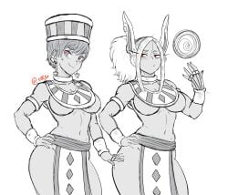 2024 2024s 2girls artist_name artist_signature beerus_(cosplay) belly_button blue_body blue_skin bracelet bracelets breasts bunny_ears bunny_girl cheelai clothed clothing colored cosplay crossover dark-skinned_female dark_skin dragon_ball dragon_ball_super dragon_ball_z ettso female female_focus female_only gold_(metal) gold_bracelet gold_bracelets gray_hair green_body green_skin grey_hair hair hand_on_hip hat headgear headwear hi_res iron_alchemist loincloth mirko miruko monochrome my_hero_academia navel pink_eyes purple_body purple_skin rabbit_ears rabbit_girl red_eyes rings rumi_usagiyama short_hair signature tagme thick_thighs thighs white_hair wide_hips yellow_body yellow_sclera