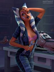 1girls 2024 3d 3d_(artwork) ahsoka_tano alien alien_girl alien_humanoid blender blue_eyes bra breasts cleavage clone_wars clothed clothing detailed_background face_markings facial_markings female female_focus female_only hi_res highres holding_object holding_wrench lekku lekku_(anatomy) looking_at_viewer lucasfilm medium_breasts open_clothes orange_body orange_skin pose posing presenting presenting_breasts small_breasts solo solo_focus star_wars the_clone_wars:_season_seven togruta underwear watermark wotwot3d