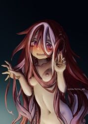 bags_under_eyes colorized completely_nude female female_only hair_between_eyes long_hair looking_at_viewer made_in_abyss messy_hair nervous_smile nude perky_breasts red_eyes red_hair small_breasts smile solo soyuko sweat third-party_edit two_tone_hair very_long_hair vueko