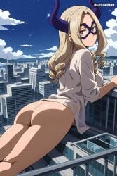 1girls ai_generated alternate_version_available big_breasts blesseddo blonde_hair boku_no_hero_academia breasts giantess horns long_hair looking_at_viewer looking_back mount_lady my_hero_academia no_panties superhero_mask thighs watermark yuu_takeyama