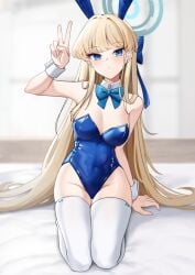 1girls arm_support arm_up armpits belly belly_button blonde_eyebrows blonde_female blonde_hair blonde_hair blonde_hair_female blue_archive blue_bowtie blue_eyes blue_eyes_female blue_hair_ribbon blue_hair_tie blue_leotard blue_ribbon blue_topwear blurred_background blurry_background blush blush_face blushed_face blushing_face blushing_female bowtie breasts bunny_ears bunnygirl bunnygirl_outfit cleavage collar collarbone dot_nose elbows eyebrows_visible_through_hair fair_skin female female_focus female_only fingernails fingers groin hair_ribbon hair_tie hand_on_bed hand_sign hand_up head_tilt high_resolution high_school_student highres hourglass_figure indoor indoors knees knees_together lean_body lean_figure legs legs_closed legs_together legwear leotard light-skined_female light-skinned light-skinned_female light_background light_skin light_skin_female light_skinned light_skinned_female long_hair looking_at_viewer medium_breasts narrow_waist nassss navel on_knees overknees pale pale-skinned_female pale_skin pale_skinned_female peace_siging ribbon school_girl shoulders sign sitting sitting_on_ass sitting_on_bed sitting_on_knees slender_body slender_waist slim_girl slim_waist smooth_skin solo stockings teen_girl teenage_girl teenager thick_thighs thigh_highs thighhighs thighs thin_waist tilted_head toki_(blue_archive) toki_(bunny)_(blue_archive) topwear upper_body v v-line v_sign white_collar white_legwear white_stockings white_thigh_highs white_thighhighs white_wrist_cuffs wide_hips wrist_cuffs zettai_ryouiki