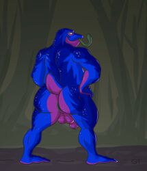 amphibian anthro anus ass backsack balls big_butt blue_body frog genitals gtskunkrat hand_on_hip hi_res long_tongue looking_at_viewer looking_back looking_back_at_viewer male short_tail sketch slightly_chubby solo tail tongue