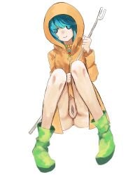 artist_request ass blue_hair boots bottomless bubble_butt coat female female_focus female_only going_commando holy_year_2025 hood hooded_jacket luce_(vatican) pussy pussy_juice short_hair sitting