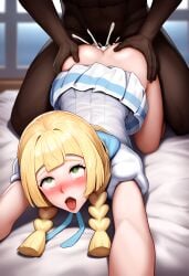 ahe_gao ai_generated all_fours ass_grab blonde_female blonde_hair cum cum_in_ass cum_in_pussy cum_inside dark-skinned_male green_eyes interracial interracial_sex light-skinned_female lillie_(pokemon) pokemon pokemon_sm sex_from_behind upskirt