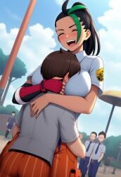 1girls ai_generated blush blushing boobs breast_smother breast_squish breasts closed_eyes dark-skinned_female dark_skin female_focus happy happy_female hug hugging jealous multiple_boys nemona_(pokemon) nintendo older_female pokemon pokemon_sv school_uniform schoolgirl smothering