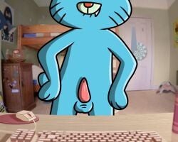 1boy anthro balls cartoon_network cub domestic_cat erection fang felid feline gumball_watterson hi_res male male_only nude penis pokefound solo the_amazing_world_of_gumball young