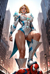 1boy 1girl 1girl1boy abs ai_generated big_breasts blonde_hair bob_cut boot_on_head boots dominant_female duo earrings emma_frost_(marvel_rivals) femdom hetero jewelry large_breasts lipstick maestro22 makeup marvel_rivals muscular_female short_hair spider-man submissive_male thick_thighs trampling victory_pose