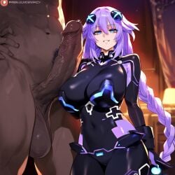 1boy 1girls abs ai_generated blue_eyes bodysuit braided_hair breasts choujigen_game_neptune cock_worship dark-skinned_male happy_female huge_cock imminent_sex interracial large_breasts large_penis larger_male long_hair looking_at_viewer muscular_male neptune_(neptunia) neptunia_(series) precum purple_hair purple_heart_(neptunia) smile