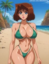 ai_generated anzu_mazaki athletic_female beach big_breasts bikini bikini_bottom bikini_top bimbo bimbo_body bimbo_lips bimbofication blue_eyes brown_hair curvaceous curvy curvy_female curvy_figure green_bikini highres huge_breasts looking_at_viewer mature_female mountain navel outdoors sand shoulders sky slim_waist tea_gardner thick_thighs thighs tree voluptuous voluptuous_female yu-gi-oh! yu-gi-oh!_duel_monsters