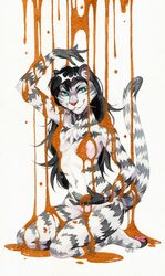 2018 anthro black_fur black_hair breasts clothing felid female fur green_eyes hair hi_res jasmine_miller liquid long_hair mammal nipples nude pantherine pussy rinkusu69 siberian_tiger solo stripes tiger white_fur