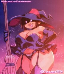 1girls 2024 asian_female bbw big_breasts broom broomstick chickpea color colored dark-skinned_female digital_drawing_(artwork) disney disney_channel female female_only halloween halloween_costume hand_on_hip milf night sfw sharon_mcgee smile standing the_ghost_and_molly_mcgee witch witch_hat