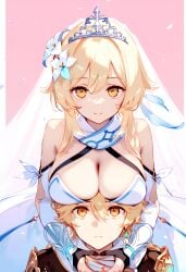 1boy 1girls aether_(genshin_impact) ai_generated blonde_hair brother_and_sister genshin_impact horny_female imminent_sex incest_marriage long_hair lumine_(genshin_impact) mihoyo straight wedding_dress