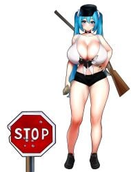 big_breasts black_collar blue_eyes blue_hair bullet chorquistudios corse corsica_bikini_flag corsica_flag corsica_miku gun hat hatsune_miku huge_breasts knife long_hair sausage shoes short_pants standing stop_sign tall_female white_bikini