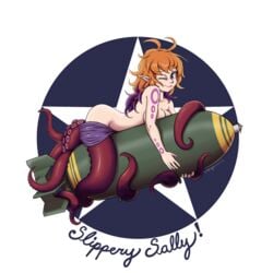 absurdres ahoge ass bare_shoulders blue_eyes bomb breasts ergomancy female highres hugging monster_girl monster_girl_encyclopedia multicolored_hair pointy_ears purple_hair red_hair roundel scylla scylla_(monster_girl_encyclopedia) short_hair signature smile star tattoo tentacle text transparent two-tone_hair wavy_hair wink