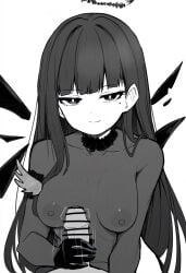 1boy arknights bar_censor blunt_bangs bodystocking breasts censored closed_mouth commentary_request covered_collarbone covered_nipples detached_wings female gloves greyscale hair_behind_ear halo handjob highres long_hair long_sleeves looking_at_viewer makigirisu medium_breasts mole mole_under_eye monochrome motion_lines penis pov see-through_clothes simple_background smile split_mouth straight twitching virtuosa_(arknights) white_background wings