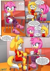 2girls amy_rose anthro bbmbbf comic dialogue female female_only mobian_(species) mobius_unleashed palcomix releasing_your_inner_wild_side_(comic) sega sonic_(series) sonic_boom sonic_the_hedgehog_(series) speech_bubble zooey_the_fox