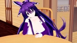 3d 3d_(artwork) big_breasts breasts cleavage clothed date_a_live koikatsu light-skinned_female long_hair looking_at_viewer purple_eyes purple_hair sitting sitting_on_chair solo solo_female table upper_body yatogami_tohka