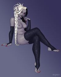 1female 1girls beghast black_lipstick blue_body blue_skin crossed_legs dark_elf drow dungeons_and_dragons elf elf_female fantasy feet foot_fetish goth grey_skin high_resolution highres legs_crossed long_nails looking_at_viewer red_eyes red_nails stockings twintails two_tone_hair white_hair