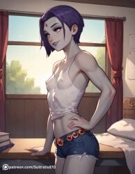 ai_generated blush dc_comics embarrassed erect_nipples female forehead_jewel looking_at_viewer male/female painted_nails penis perky_nipples purple_eyes purple_hair raven_(dc)short_hair slut small_breasts smile solo solo_female sultralis sultralis870 teen_titans