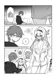 1boy 1girls artist_request blush breasts caelus_(honkai:_star_rail) cleavage comic cute dialogue embarrassed female firefly_(honkai:_star_rail) funny honkai:_star_rail honkai_(series) hoyoverse male shirt shirt_only