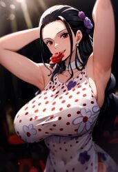 ai_due ai_generated armpits arms_up black_hair brown_eyes female female_only flower flower_in_hair gigantic_breasts huge_breasts latina light-skinned_female light_skin long_hair looking_at_viewer massive_breasts mature_female milf one_piece pawg shounen_jump sideboob solo_female squatting sweat sweatdrop thick_body thick_female viola_(one_piece) voluptuous voluptuous_female