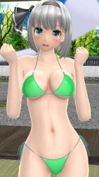 1girls 2023 3d arms_up belly_button bikini black_ribbon blue_eyes blue_sky blush breasts clavicle cleavage clouds gesture green_bikini grey_hair_female hati_yukkuri_mmd headband hips human indoors jpeg light-skinned_female looking_at_viewer mmd open_mouth short_hair_female sky solo_female solo_focus spirit swimsuit touhou trees waist wisp youmu_konpaku