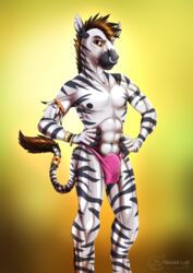 2019 abs anthro bulge equid equine felix(cheval) furry looking_at_viewer male male_only mammal muscular muscular_male nanukkluik nipples piercing pinup pose smile solo underwear zebra