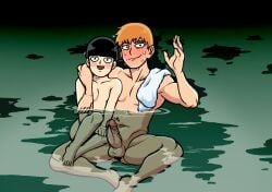 2boys age_difference arataka_reigen blush dreamscreep erection hot_spring mob_psycho_100 naked nervous_smile shigeo_kageyama sitting_on_lap size_difference sweat unaware